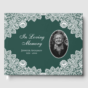 Green Vintage Floral Lace Memorial Funeral Photo Guest Book