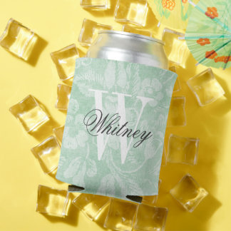 Green Vintage Floral Print Monogram Can Cooler