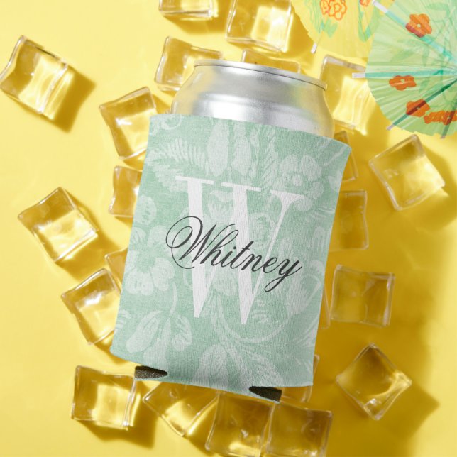 Green Vintage Floral Print Monogram Can Cooler (In Situ Summer)