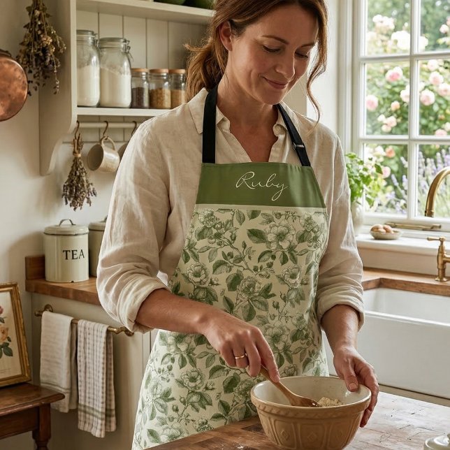 Green Vintage Floral Toile Pattern Apron (Creator Uploaded)