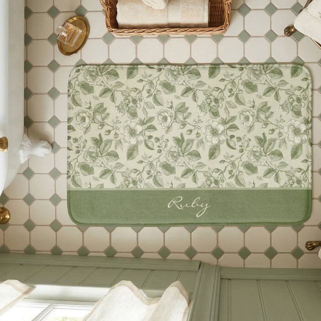 Green Vintage Floral Toile Pattern Bath Mat (Creator Uploaded)