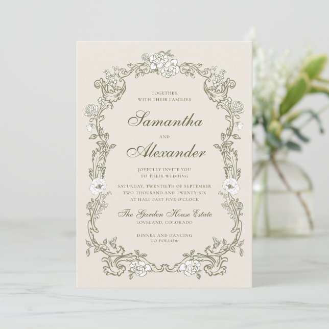Green Vintage Floral Wedding Invitation (Standing Front)
