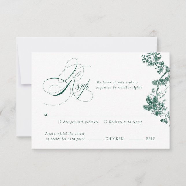 Green Vintage Floral Wedding Suite RSVP Card (Front)