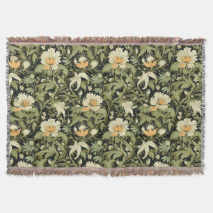 Green Vintage Flower Abstract Modern Floral Art Throw Blanket