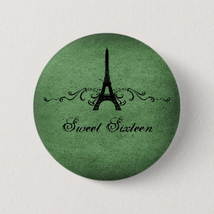 Green Vintage French Flourish Sweet 16 Button