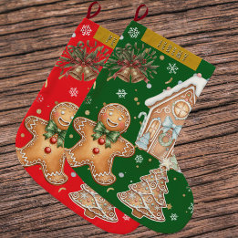 Green Vintage Gingerbread Man, Tree, Christmas  Large Christmas Stocking