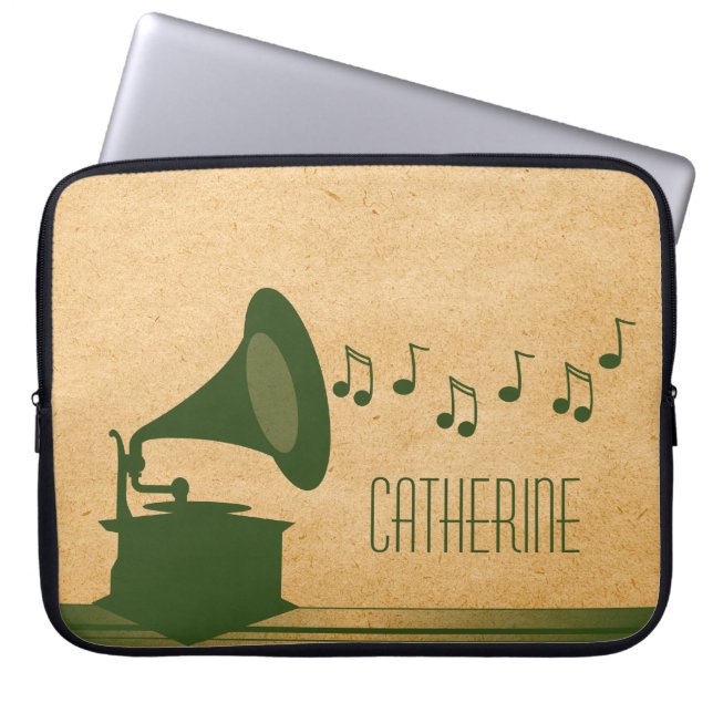 Green Vintage Gramophone Laptop Sleeve (Front)
