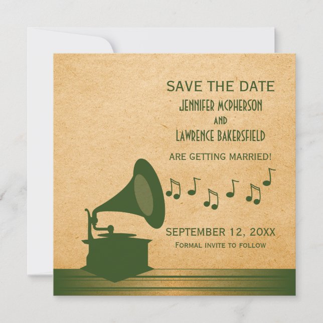 Green Vintage Gramophone Save the Date Invite (Front)