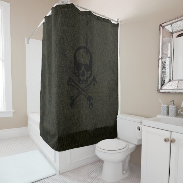 Green Vintage Grunge Skull Crossbones Halloween Shower Curtain (In Situ)