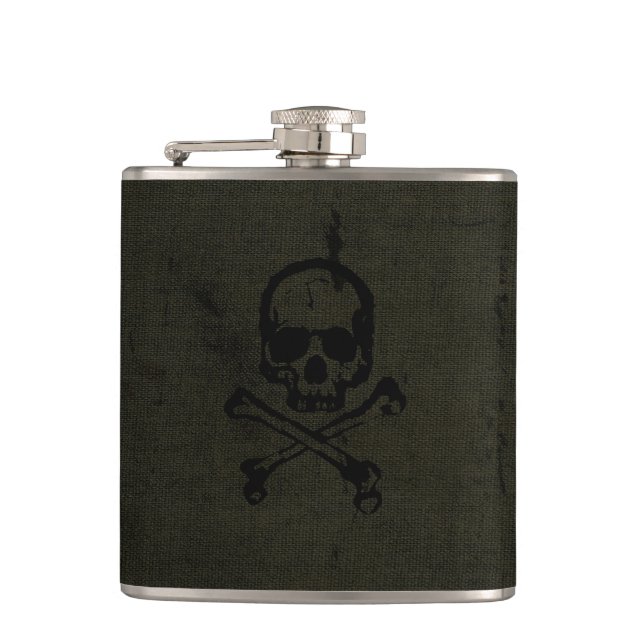 Green Vintage Grunge Skull Crossbones Hip Flask (Front)