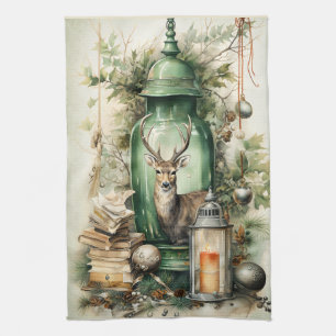 Green Vintage Lantern Stag Books Christmas Tea Towel