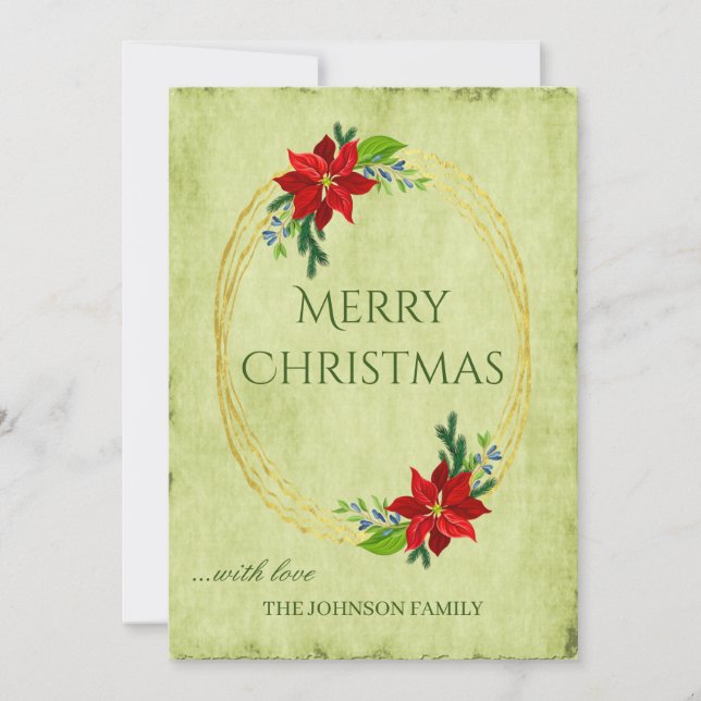 Green Vintage Merry Christmas and Poinsettia  Holiday Card (Front)