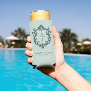 Green Vintage Ornate Crest Wedding Seltzer Can Cooler