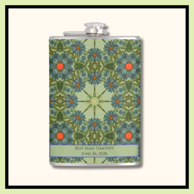 Green Vintage pattern with Blue Flowers Hip Flask (Creator Uploaded)