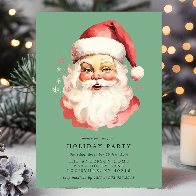Green Vintage Retro Santa Claus Christmas Party Invitation (Creator Uploaded)