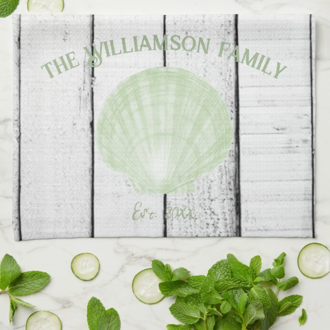 Green Vintage Scallop Shell Kitchen Towel (Folded)