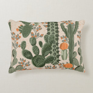 Green vintage succulent cactus and orange flowers  decorative cushion