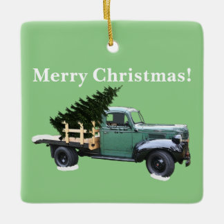 Green Vintage Truck and Tree Square Ornament