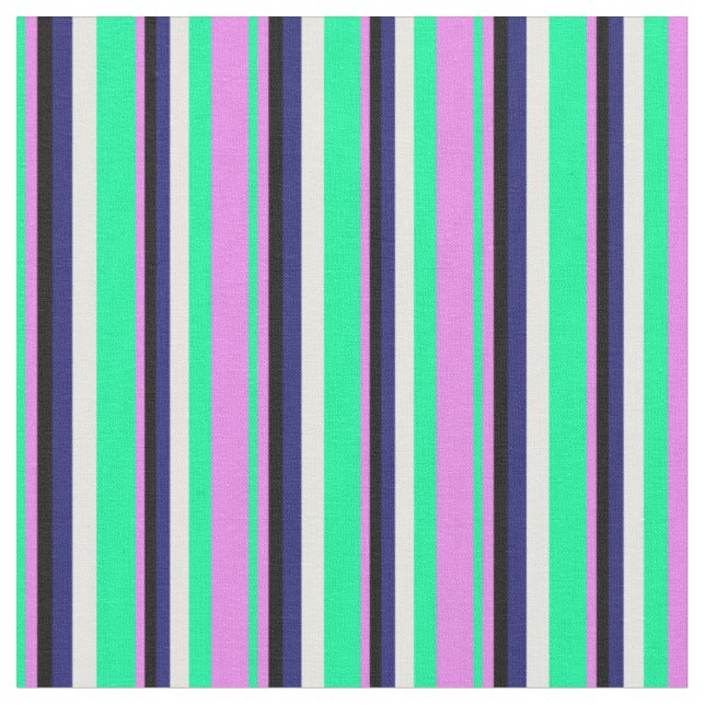 Green, Violet, Black, Midnight Blue & White Lines Fabric (Close Up)