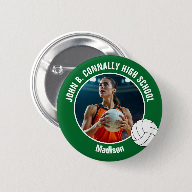 Green Volleyball Player Photo High School Spirit 6 Cm Round Badge (Front & Back)