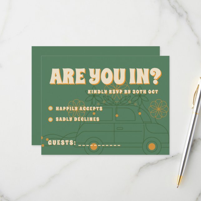 Green Vosvos Minimal Wedding RSVP Card (Front/Back In Situ)