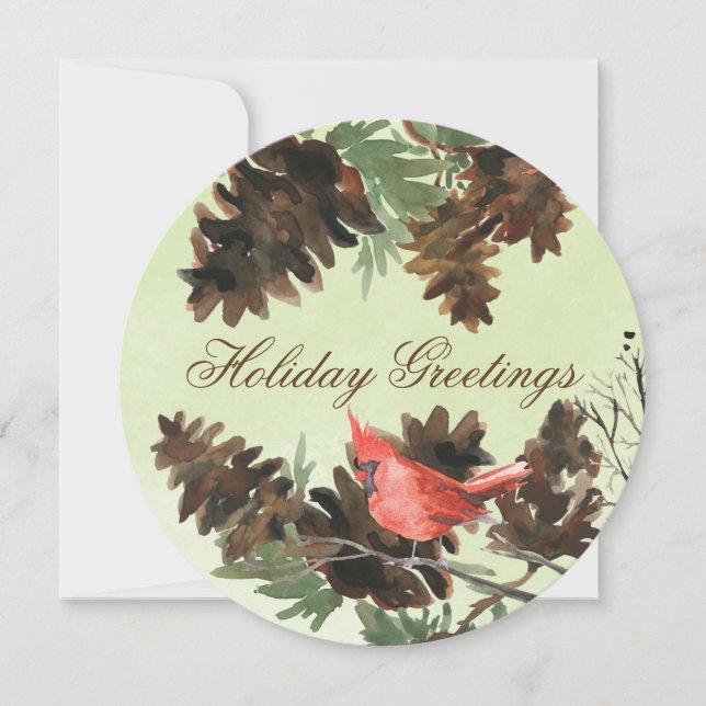 Green w. Red Cardinal Pine Cones Holiday Card (Front)