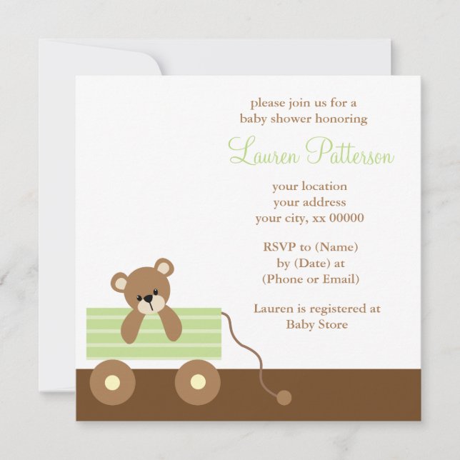Green Wagon Bear Baby Shower Invitation (Front)