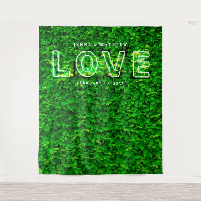 Green Wall Love Neon Sign Wedding Backdrop Tapestry (Front)