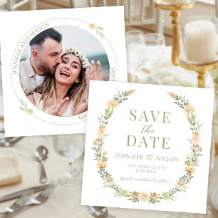 Green warm flower Save the Date photo invitation