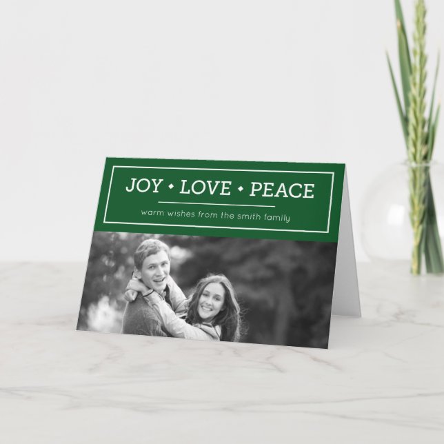 Green Warm Wishes Joy Love Peace Holiday Photo Card (Front)
