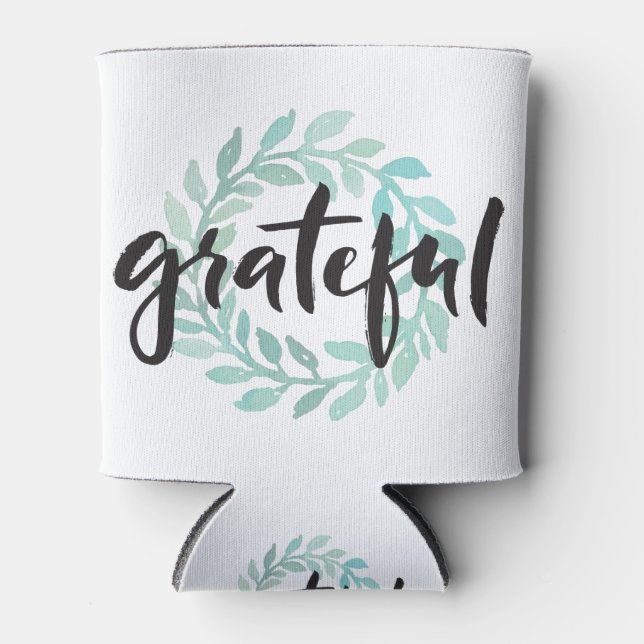 Green Water Colour Grateful Wreath Fall Gratitude Can Cooler (Front)