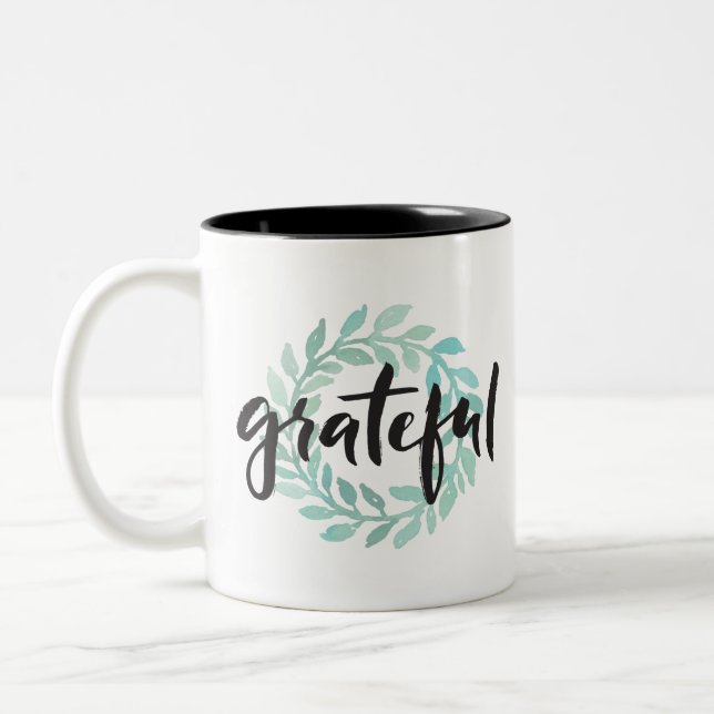 Green Water Colour Grateful Wreath Fall Gratitude Two-Tone Coffee Mug (Left)
