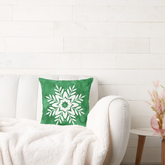 Green Watercolor Abstract Snowflake Cushion (Couch)