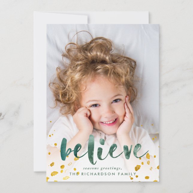 Green Watercolor and Gold Believe | Photo Holiday Card (Front)