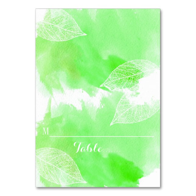 Green watercolor and leaves wedding place card (Front)