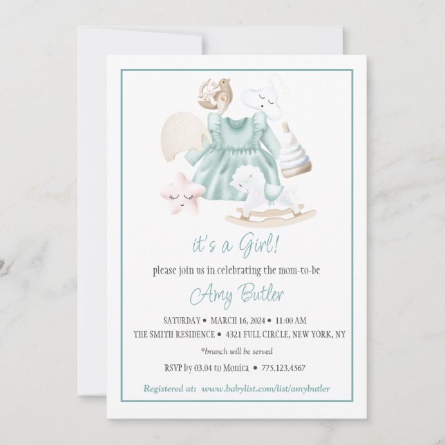 Green Watercolor Baby Girl Shower Invitation (Front)