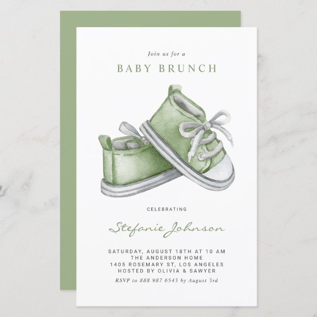 Green Watercolor Baby Shoes Baby Brunch Invitation (Front/Back)