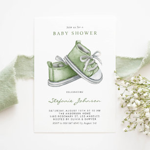 Green Watercolor Baby Shoes Baby Shower Invitation
