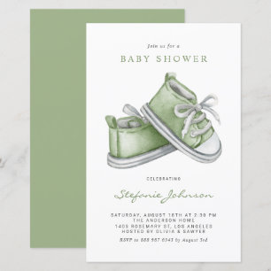 Green Watercolor Baby Shoes Baby Shower Invitation