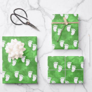 Green Watercolor Baby Shower Footprint Pattern Wrapping Paper Sheet