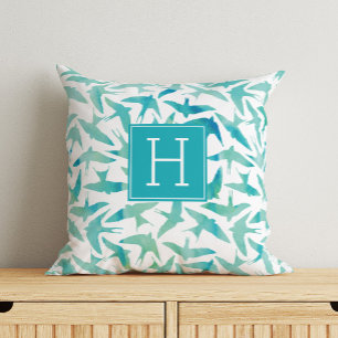 Green Watercolor Birds Monogrammed Cushion