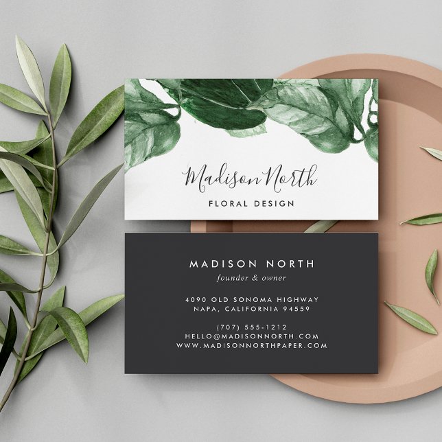 Green Watercolor Botanical Leaves Calligraphy Business Card (Creator Uploaded)