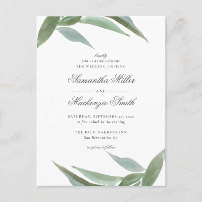 Green Watercolor Botanical Leaves Wedding Invitation Postcard (Front)