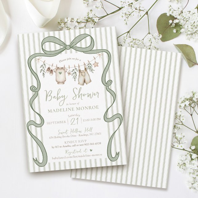 Green Watercolor Bow Clothesline Boy Baby Shower Invitation (Cute watercolor greenery baby clothesline neutral boy green beige ticking pinstripes invitation)