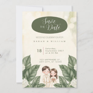 Green Watercolor Bride Groom Wedding Invitation