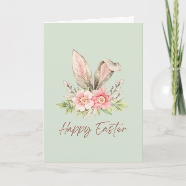Green Watercolor Bunny Easter Holiday Card (Front)