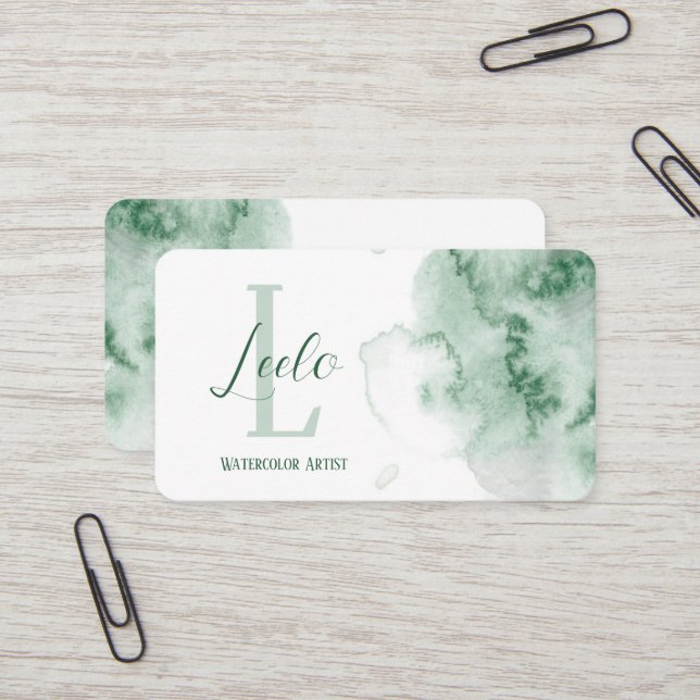 Green Watercolor Business Card (Front/Back In Situ)