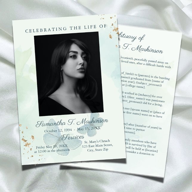 Green Watercolor Butterfly Funeral Obituary Programme (Creator Uploaded)