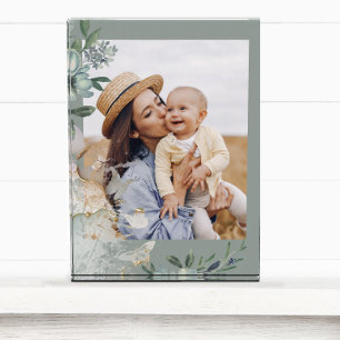 Green Watercolor Butterfly Mum Photo Block