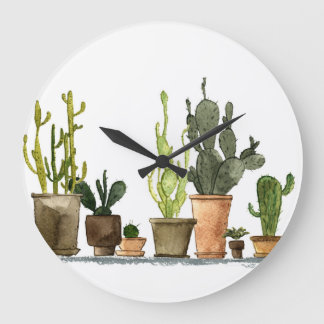 Green Watercolor Cacti: Hand Drawn Pots Large Clock